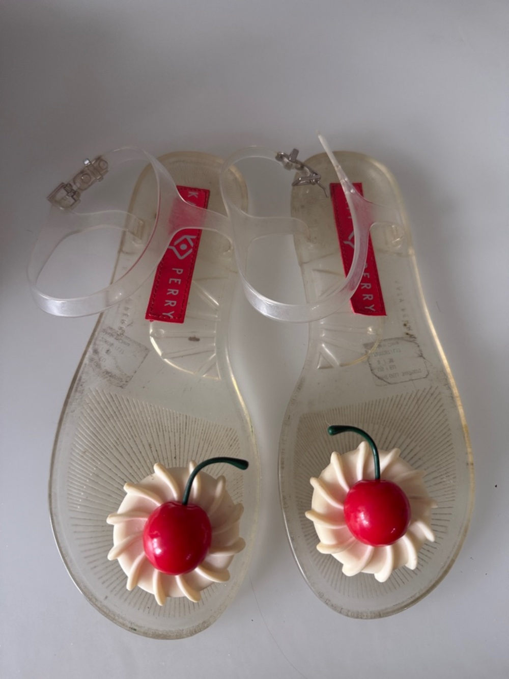 Katy Perry Clear Jelly Sandals with Red Cherry Accent